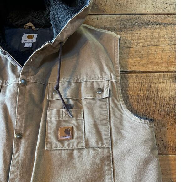 Carhartt Sandstone Multi-Pocket Hooded Canvas Sherpa Lined Vest Chore Barn XL - Picture 3 of 16